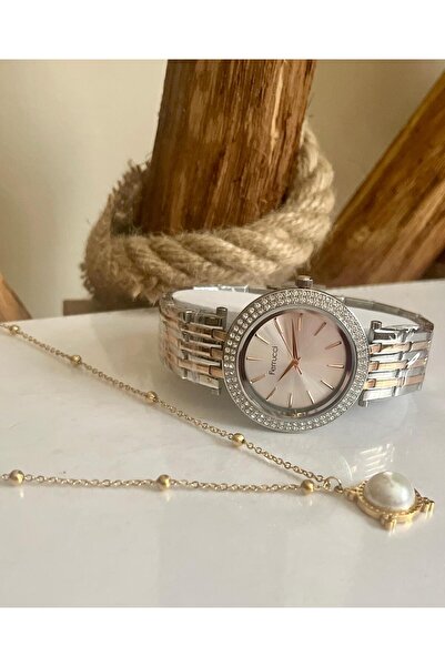 Ferrucci Rose&Silver Çelik Büyük Kasalı Kadın Kol Saati+%100 Çelik Kolye Hedi...