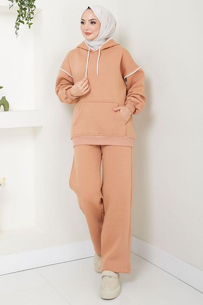 hafsamina Shepherd Embroidered Three Thread Raster Hooded Tracksuit Set Camel Hm2579