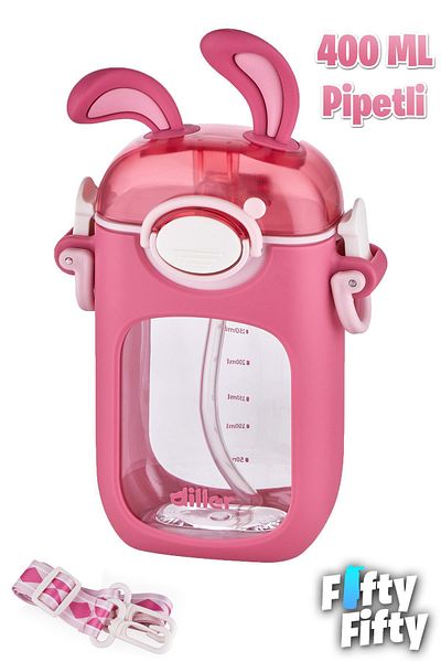 Vagonlife Tongues 400 ml Tritan Children's Water Bottle with Straw and Neck Strap-Cleaning Brush Gift-Ffd