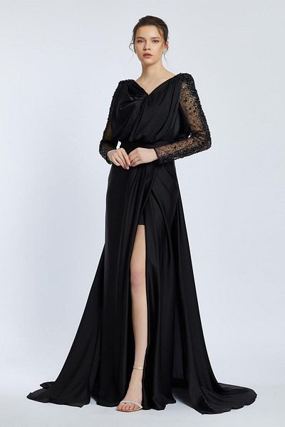 Kenzel Embroidered Evening Dress with Long Sleeves and Chest Drap - 2065