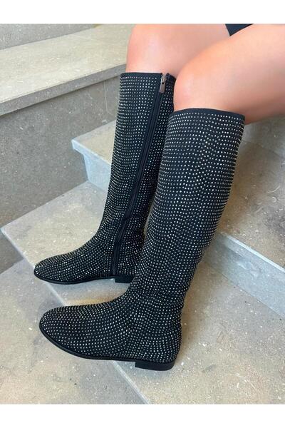 EVASAMLİSHOESBAG Siyah Parlak Taş Detaylı Çizme