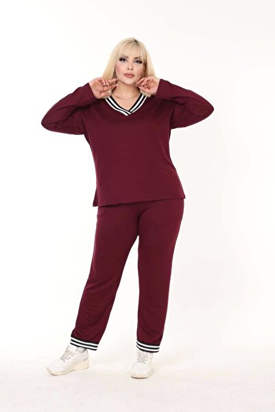 ModaSehle Women's Large Size Collar Striped Pocket Two-Yarn Fabric High Waist Set