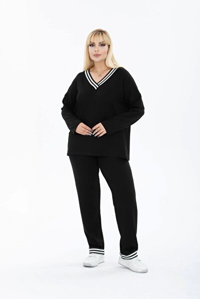 ModaSehle Women's Large Size Collar Striped Pocket Two-Yarn Fabric High Waist Set