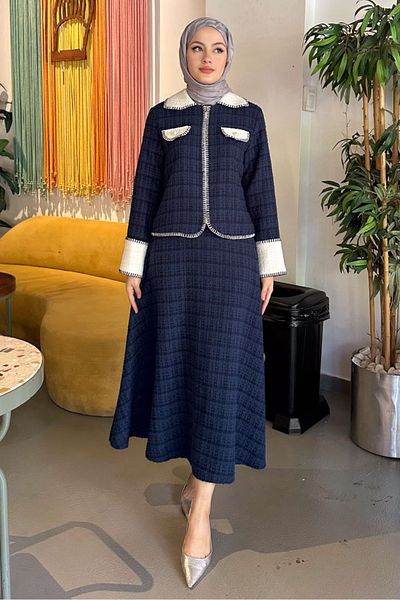 Oven Thick Bordered Tweed Set - Navy Blue