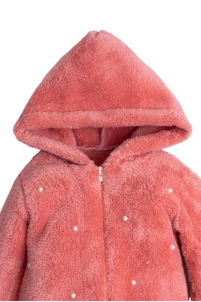 Chicsy Baby Winter Sweet Plush Cotton Pearl Embroidered Hooded Baby Kids Welsoft Jumpsuit