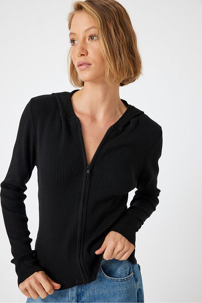 Koton Round Neck Ribbed Long Sleeve Zippered Knitwear Cardigan