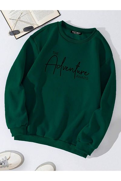 SOFTWAY Σκούρο πράσινο Unisex Oversize Crew Neck Basic Adventure Sweatshirt