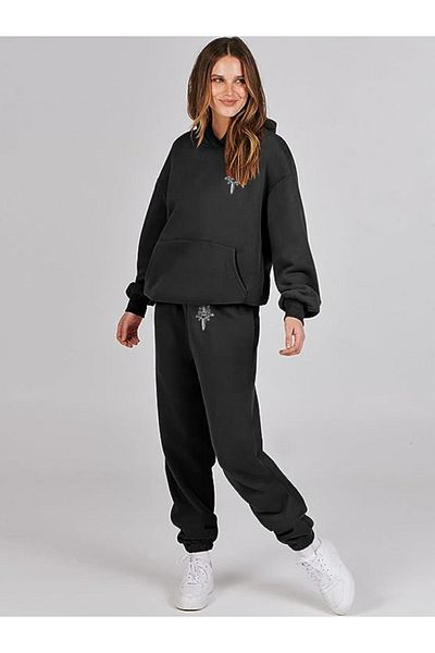 HOFFNUNG Full Hoodie 3 Thread Women's Sword Printed Bottom Top Tracksuit Set