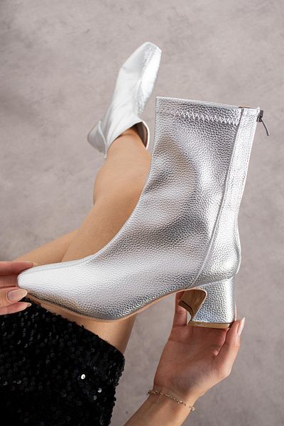 mytopuk Yanis Silver Color Print Patterned Stretch Women's Thick Heeled Boots