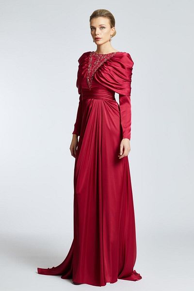 Kenzel Chest Embroidered Draped Long Sleeve Evening Dress - 2107