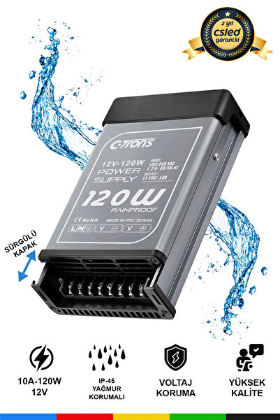 Ctrons IP45 Yağmur Korumalı 12V 10A Güç Kaynağı, 120W LED Sürücü AC/DC Trafo Dönüştürücü