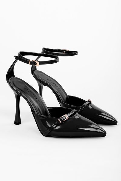 Shoeberry Women's Blair Black Patent Leather Belt Buckle Stiletto
