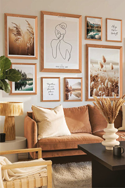 no77decor 8 Parça Line Art  Ve Göl Temalı Ahşap Çerçeve Görünümlü Tablo Seti