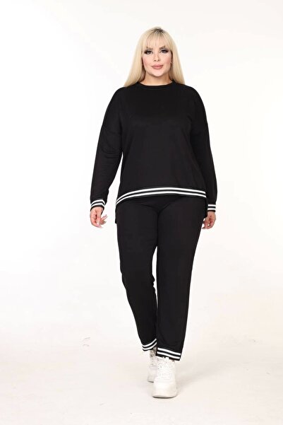 ModaSehle Women's Large Size Bottom Stripe Pocket Two-Yarn Fabric High Waist Set