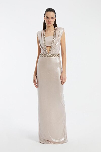 CENGIZ AKTURK Taş İşlemeli Yırtmaç Detaylı Kapüşonlu Uzun Abiye Elbise - 3014C