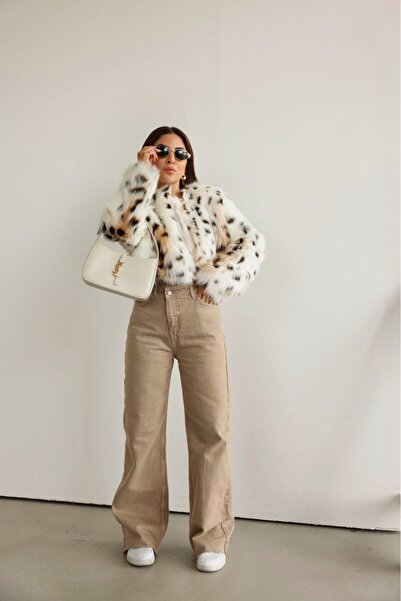 BRTC design Women's Ecru Tan Leopard Pattern Fur Jacket