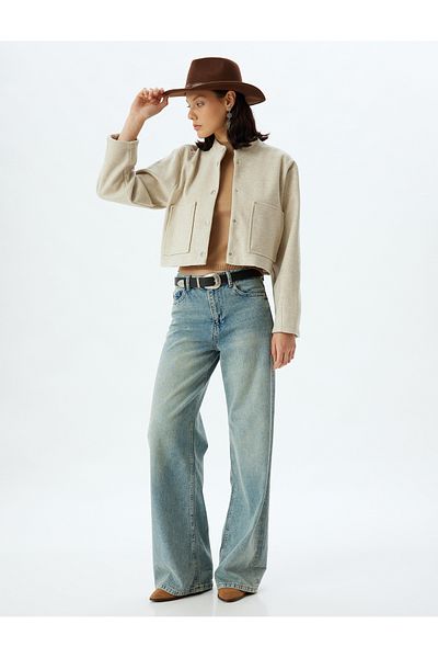 Koton Buttoned Round Collar Crop Bomber Jacket with Pockets