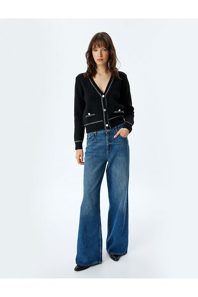 Koton V-Neck Buttoned Pocket Color Contrast Detailed Knitwear Cardigan