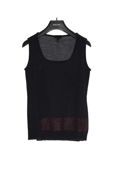 Escada Sleeveless Navy Blue Wool Knitwear Sweater with Metallic Print Detail