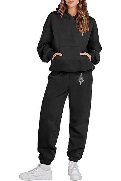 HOFFNUNG Full Hoodie 3 Thread Women's Sword Printed Bottom Top Tracksuit Set