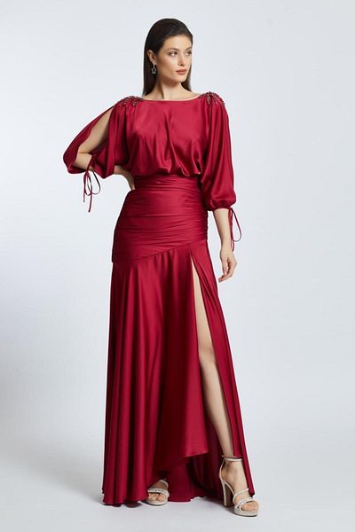 Kenzel Embroidered Shoulder Detail Deep Slit Long Evening Dress - 2014