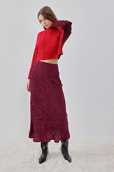 pieces of melon Bordo Crashlı Midi Saten Etek