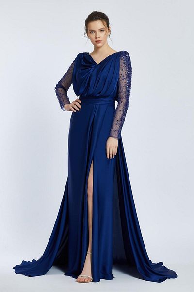 Kenzel Embroidered Evening Dress with Long Sleeves and Chest Drap - 2065