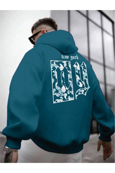 Altamira Men's Petrol Blue Back Ny Printed Oversize Hooded Sweatshirt