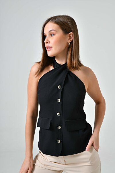 Saade Чорна куртка з зав'язками на шиї, з кишенями та декольте на спині