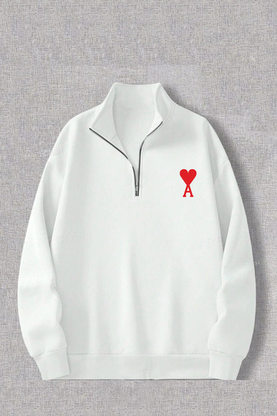 NoVibe Біла унісекс-футболка з принтом Ami Oversize Sweatshirt Hoodie - з напівзастібкою