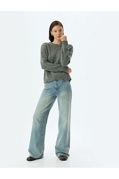 Koton Openwork Knitwear Oversize Sweater - Crew Neck, Long Sleeve
