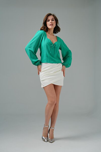 Saade Green Gathered Sleeve Tie Detailed Blouse