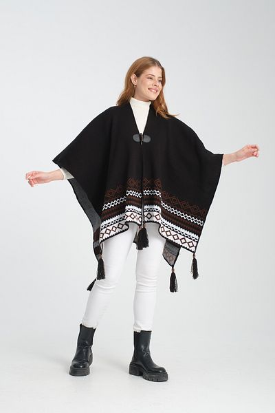 VEGA MODA Ethnic Patterned and Fisherman's Stitched Knitwear Poncho - Button Detailed, Stylish Outerwear Poncho