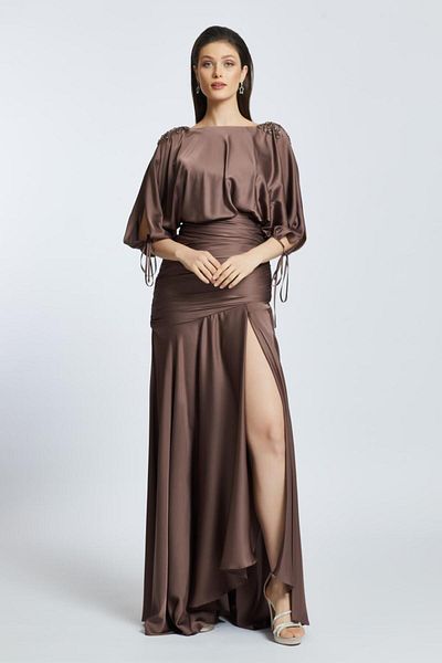 Kenzel Embroidered Shoulder Detail Deep Slit Long Evening Dress - 2014