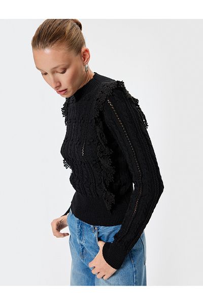 Koton Strickpullover – Spitzendetails, leicht, Stehkragen, lange Ärmel