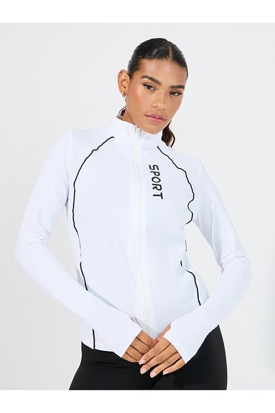 Styli Anti UV Protect Sport Slogan Contrast Body Piping Zip Up Jacket