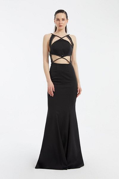 CENGIZ AKTURK Halter Strap Stone Embroidered Fish Cut Long Evening Dress - 3007C