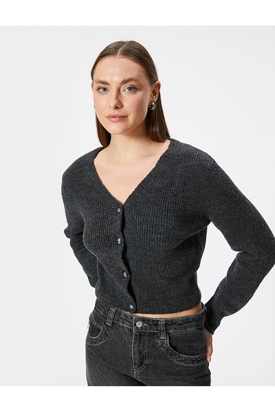 Koton V-Neck Knitwear Cardigan - Buttoned and Long Sleeve