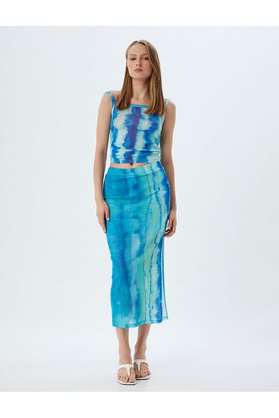 Koton Şahika Ercümen Fusta midi cu model batik - cu fantă laterală