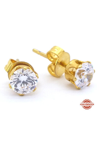 UygunGümüşçülük Uygun Gümüşçülük Steril 316 L Cerrahi Çelik 24 Ayar Altın Kaplama Zirkon Taşlı 1 Çift Küpe Seti