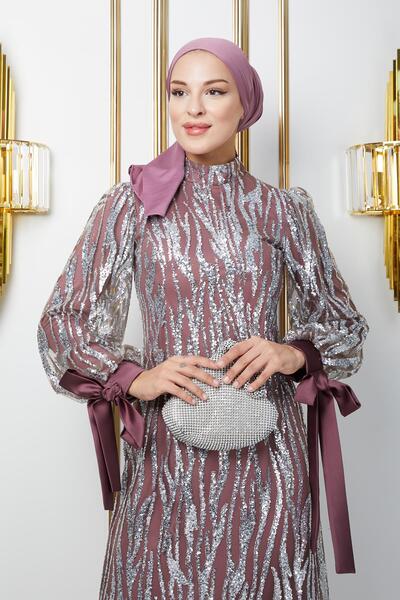 Olcay Večerní tylové hidžábové šaty s flitry - šněrování s rukávy, sušená růže 1220