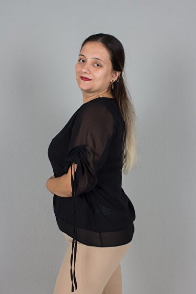 Truva XXL Plus Size Necklace Chiffon Blouse Sleeve Shirred