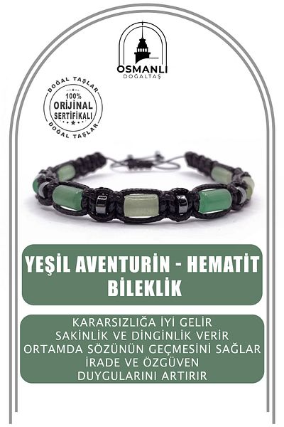 OSMANLI DOĞAL TAŞ Green Aventurine-Hematite Natural Stone String Bracelet - Certified, Genuine Original, Cornered Macrame Model
