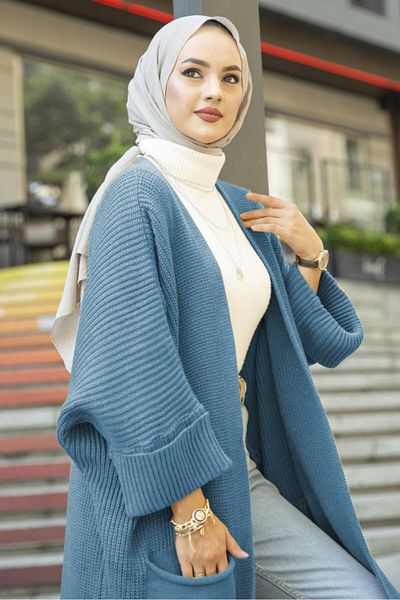 Bestenur Blue Long Knitwear Hijab Cardigan - Double Pocket, Eftalya 329