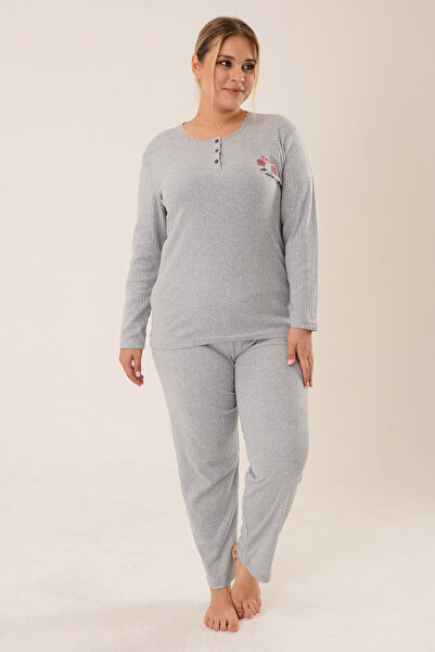 PİNKMARK Γυναικείο κέντημα με κουμπιά λεπτομερές σετ πιτζάμες σε γκρι συν μέγεθος Pmtk25340