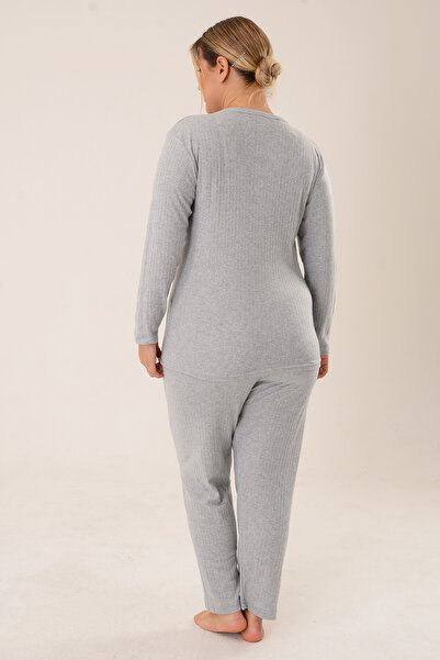 PİNKMARK Γυναικείο κέντημα με κουμπιά λεπτομερές σετ πιτζάμες σε γκρι συν μέγεθος Pmtk25340