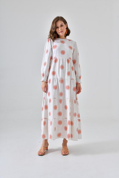 Saade Orange Crew Neck Sleeve Gipe Detailed Layered Dress