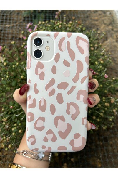 OVADA İphone 11 Uyumlu Pembe Leopar Desenli Içi Kadife Kabartma Baskılı Silikon Kılıf