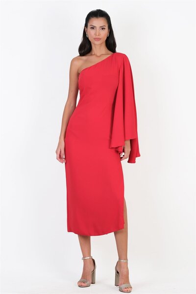 Spazio Clario Geniş Kesim Tek  Kol Uzun Abiye Elbise KIRMIZI