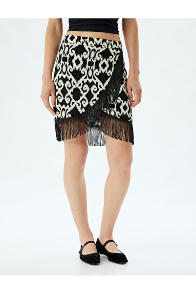 Koton Ethnic Patterned Viscose Mini skirt - Tasseled and Double Breasted